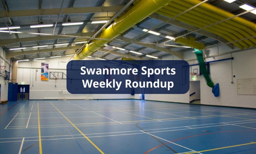 Image shows the inside of the  Swanmore College Sportshall and the text Swanmore Sports weekly roundup